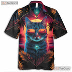 Neon Sunset Cat Retro 80s Synthwave Beach Aesthetic Hawaiian Shirt Unisex