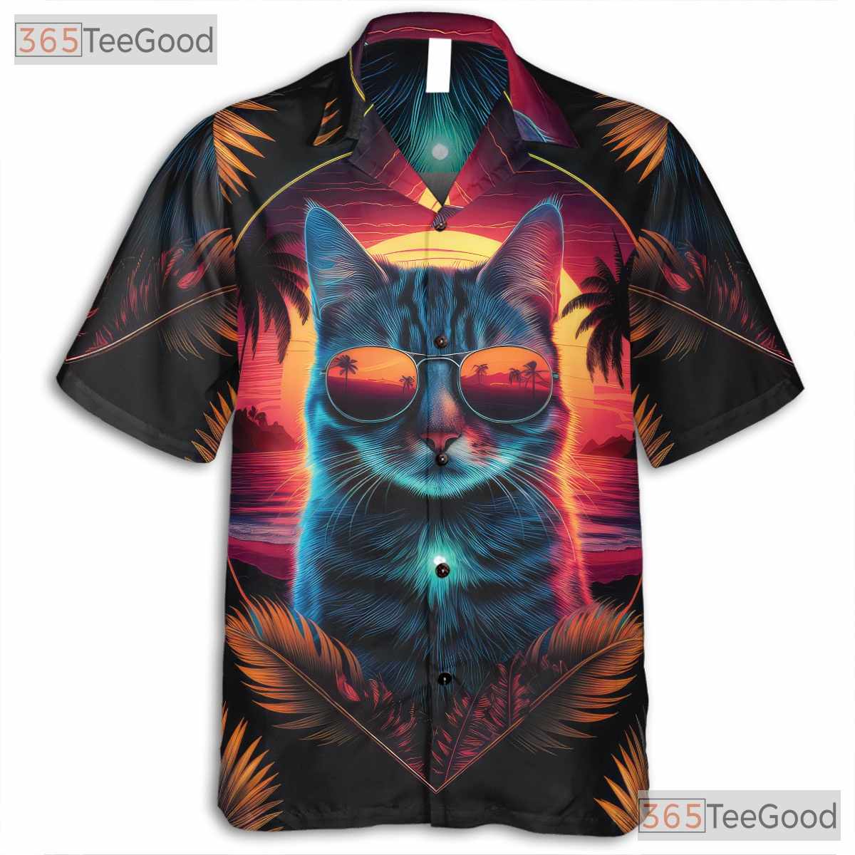 Neon Sunset Cat Retro 80s Synthwave Beach Aesthetic Hawaiian Shirt Unisex