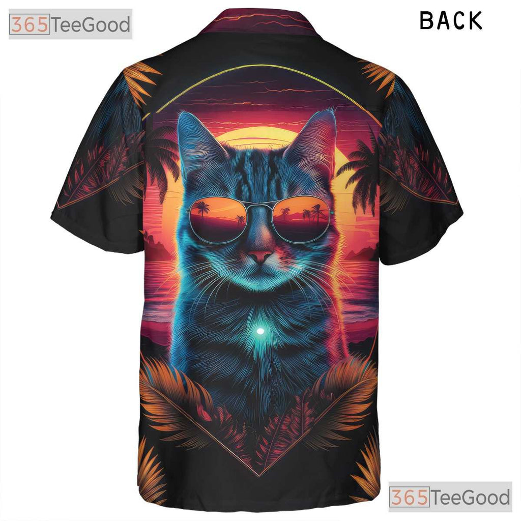 Neon Sunset Cat Retro 80s Synthwave Beach Aesthetic Hawaiian Shirt Unisex