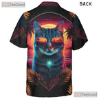Neon Sunset Cat Retro 80s Synthwave Beach Aesthetic Hawaiian Shirt Unisex