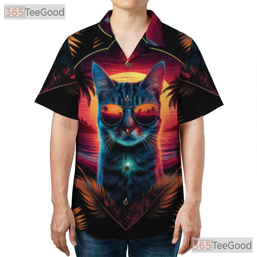 Neon Sunset Cat Retro 80s Synthwave Beach Aesthetic Hawaiian Shirt Unisex