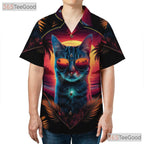 Neon Sunset Cat Retro 80s Synthwave Beach Aesthetic Hawaiian Shirt Unisex