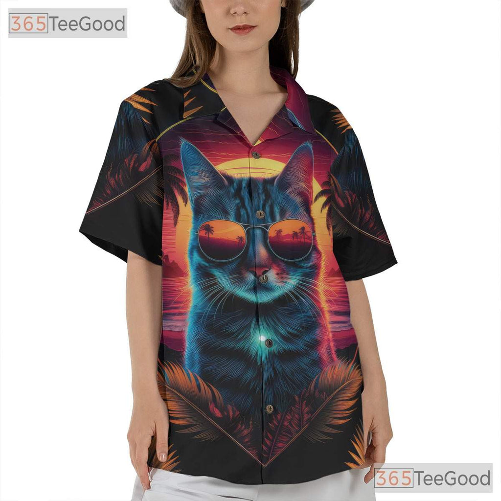 Neon Sunset Cat Retro 80s Synthwave Beach Aesthetic Hawaiian Shirt Unisex