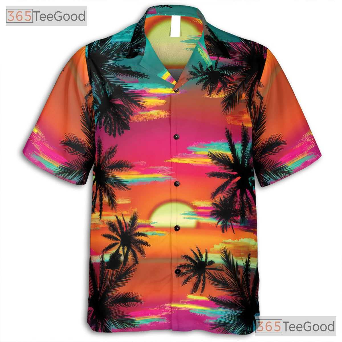 Neon Sunset Palm Tree Tropical Aloha Print Hawaiian Shirt Men Women Outfit