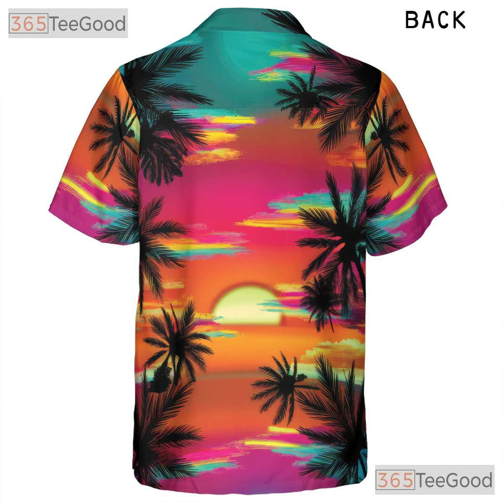 Neon Sunset Palm Tree Tropical Aloha Print Hawaiian Shirt Men Women Outfit