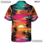 Neon Sunset Palm Tree Tropical Aloha Print Hawaiian Shirt Men Women Outfit