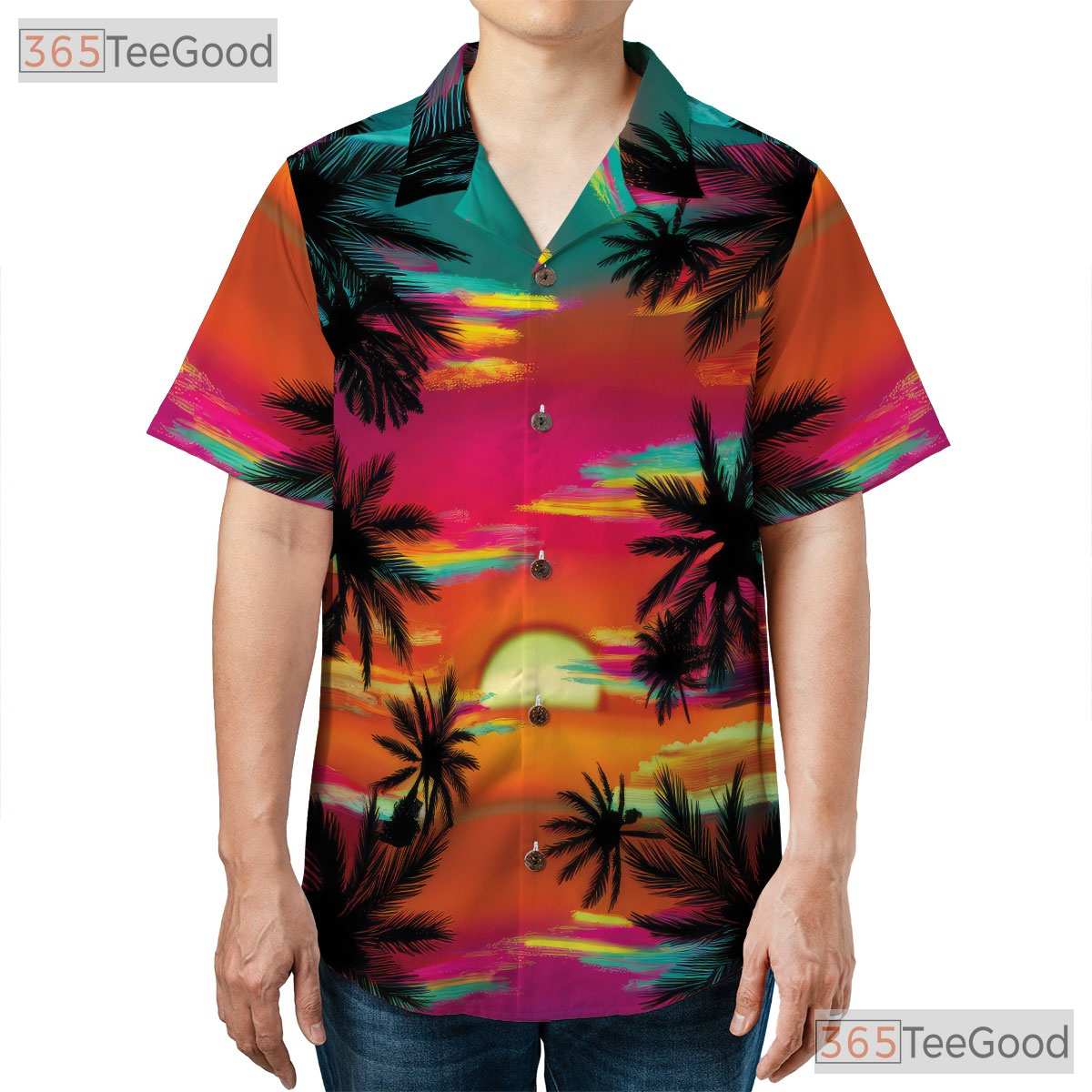 Neon Sunset Palm Tree Tropical Aloha Print Hawaiian Shirt Men Women Outfit