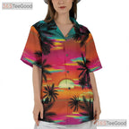 Neon Sunset Palm Tree Tropical Aloha Print Hawaiian Shirt Men Women Outfit