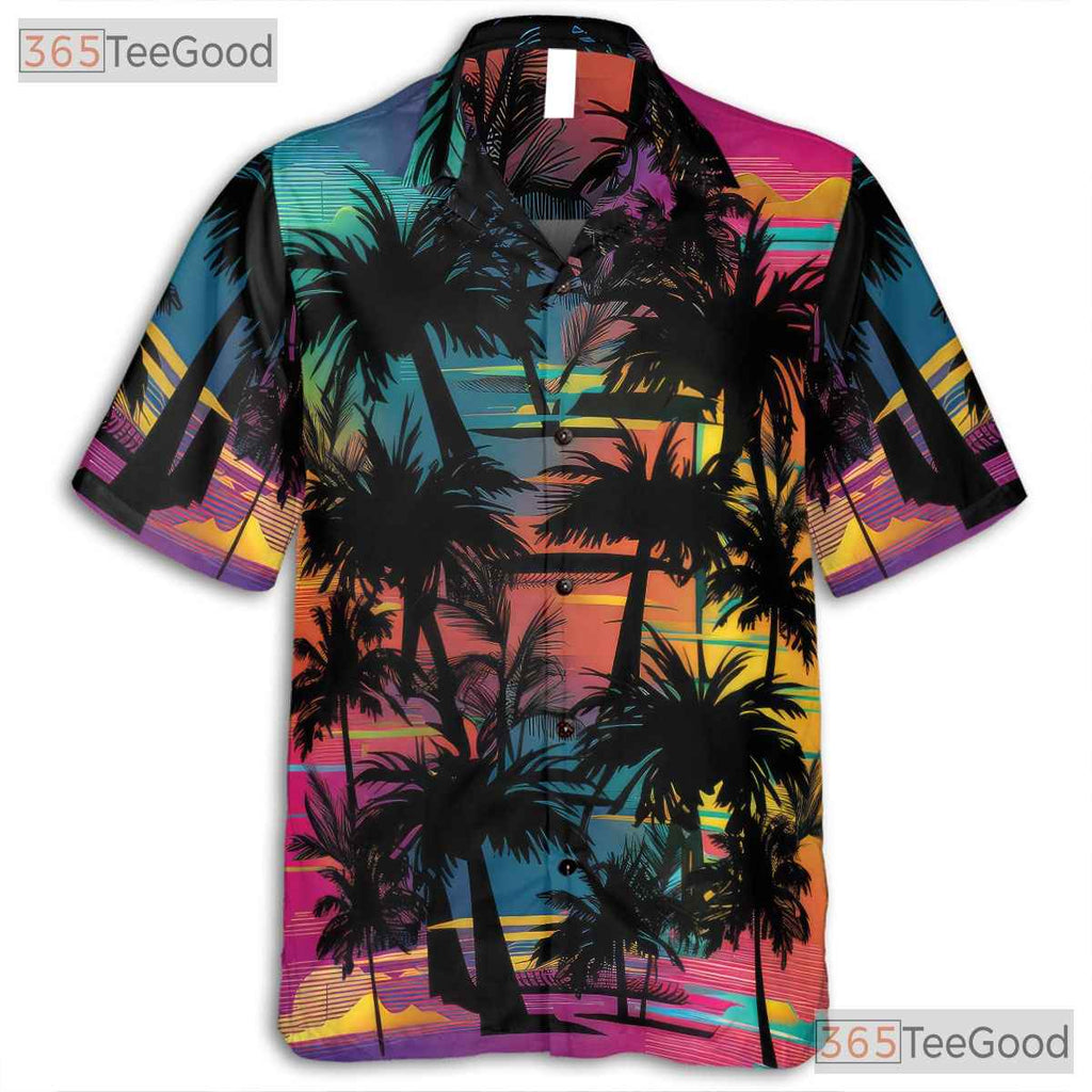 Neon Sunset Palm Tree Tropical Beach Aloha Hawaiian Shirt Unisex Summer Top