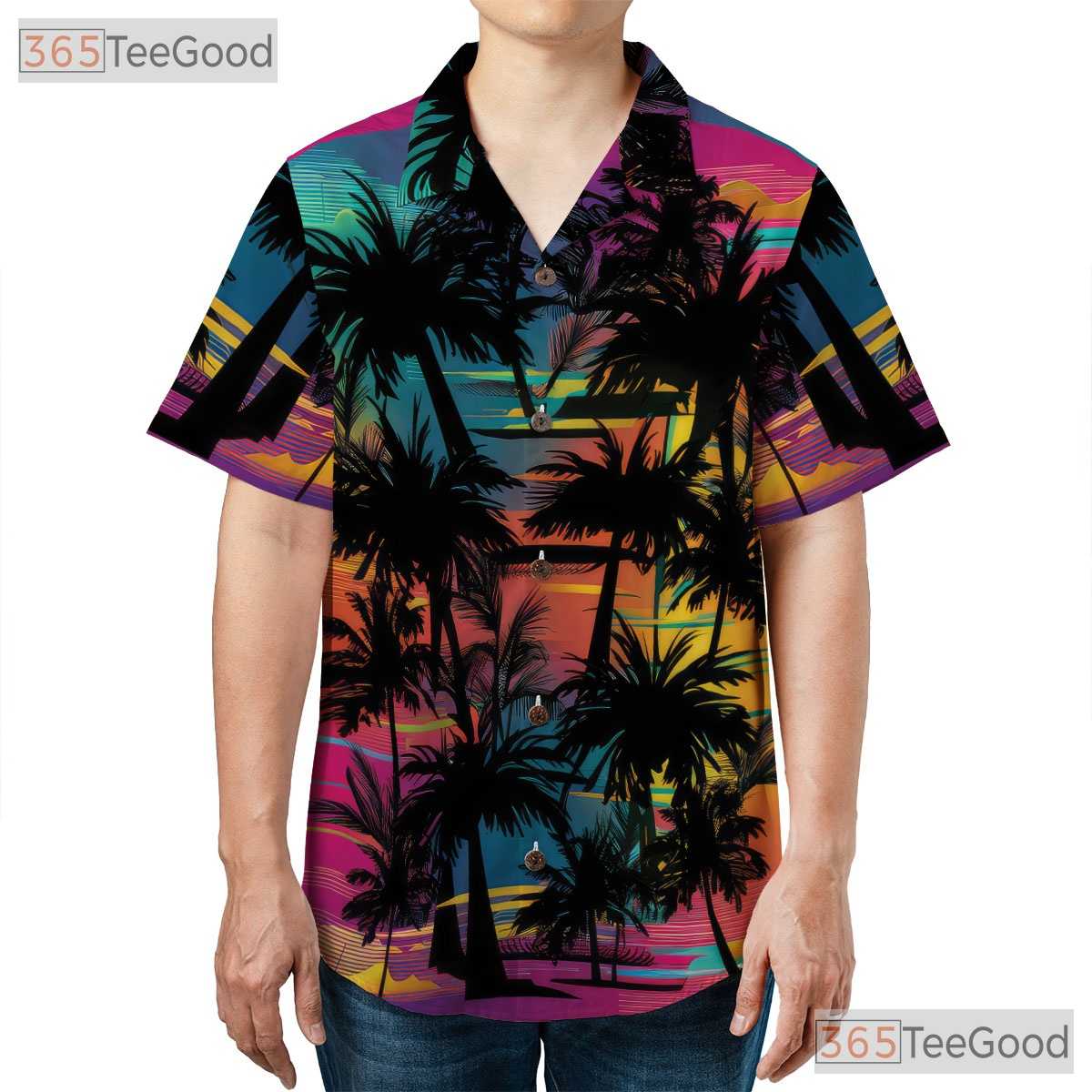 Neon Sunset Palm Tree Tropical Beach Aloha Hawaiian Shirt Unisex Summer Top