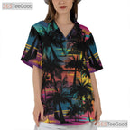 Neon Sunset Palm Tree Tropical Beach Aloha Hawaiian Shirt Unisex Summer Top