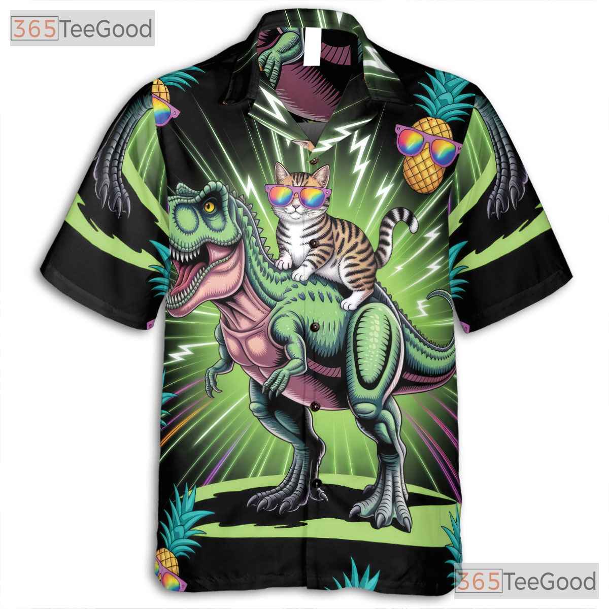 Neon T-Rex Cat Riding Hawaiian Shirt- Unisex Funny Pineapple Luau Party Top
