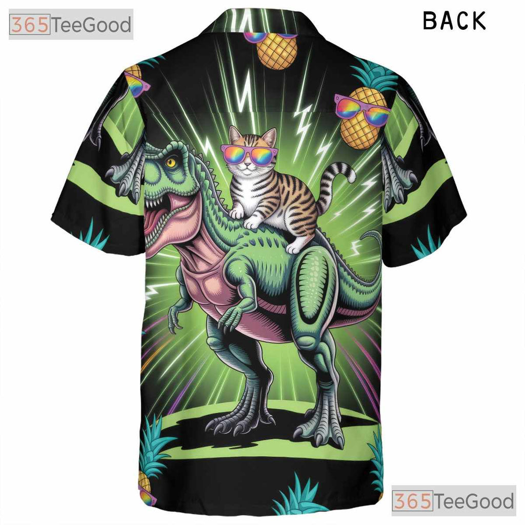 Neon T-Rex Cat Riding Hawaiian Shirt- Unisex Funny Pineapple Luau Party Top
