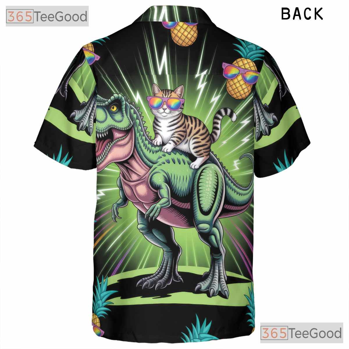 Neon T-Rex Cat Riding Hawaiian Shirt- Unisex Funny Pineapple Luau Party Top