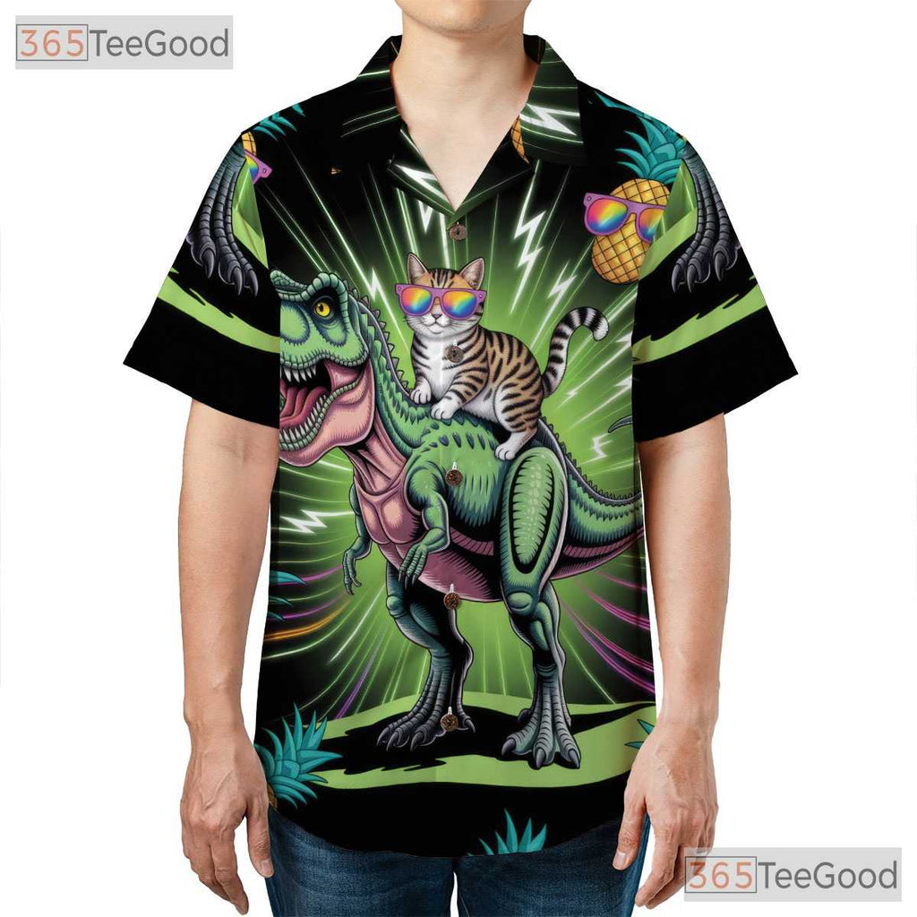Neon T-Rex Cat Riding Hawaiian Shirt- Unisex Funny Pineapple Luau Party Top
