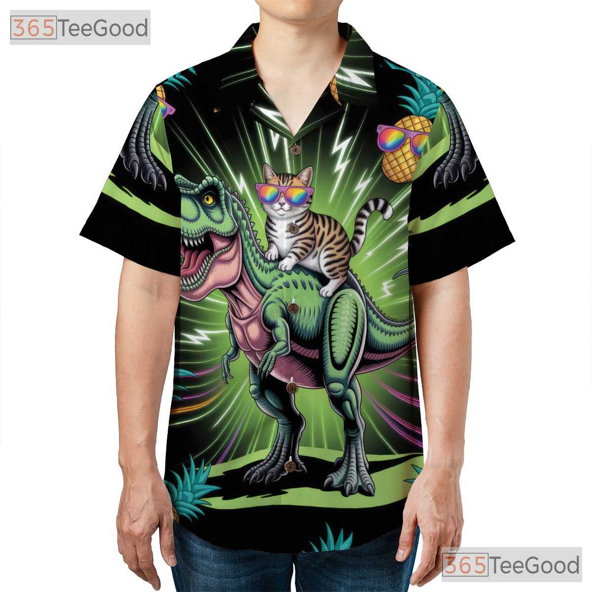 Neon T-Rex Cat Riding Hawaiian Shirt- Unisex Funny Pineapple Luau Party Top