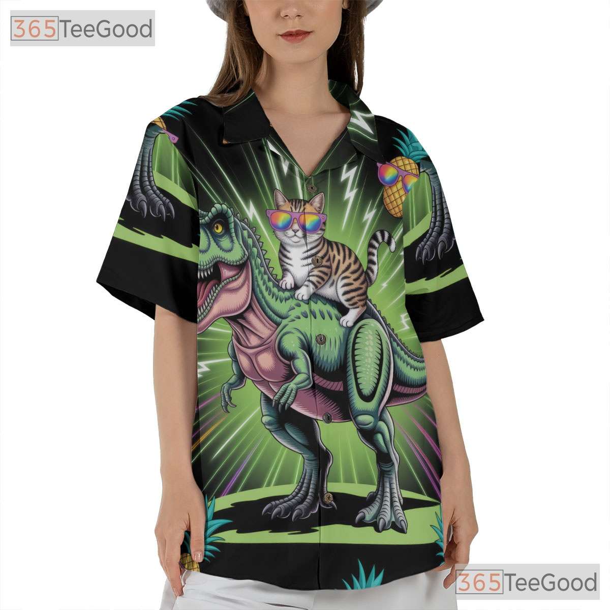 Neon T-Rex Cat Riding Hawaiian Shirt- Unisex Funny Pineapple Luau Party Top