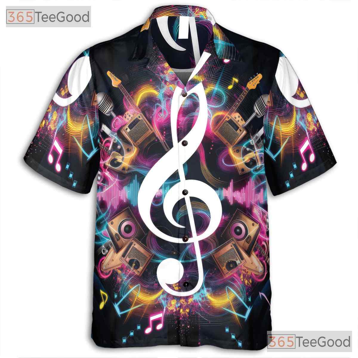 Neon Treble Clef Music DJ Guitar Microphone Aloha Band Hawaiian Shirt Unisex