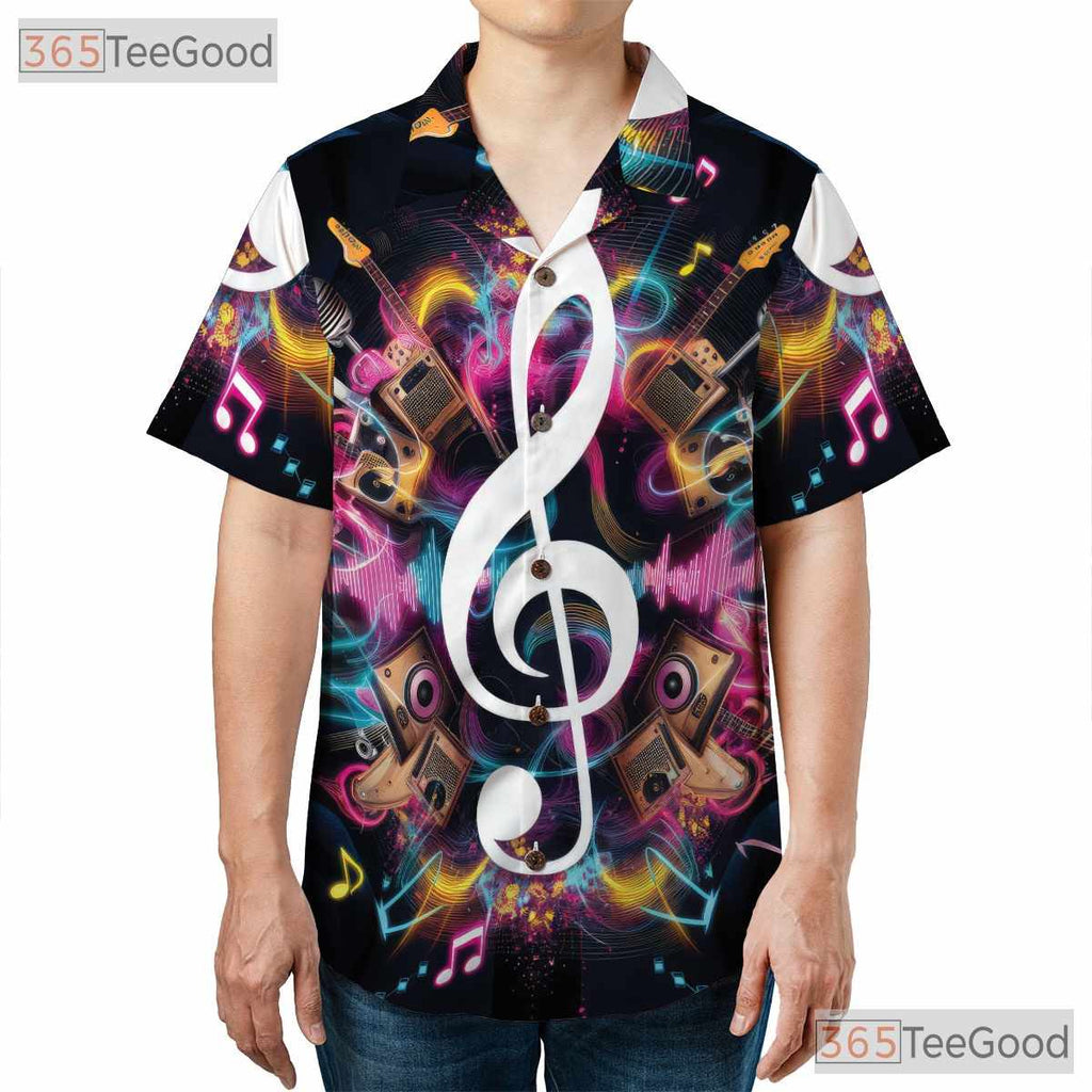 Neon Treble Clef Music DJ Guitar Microphone Aloha Band Hawaiian Shirt Unisex