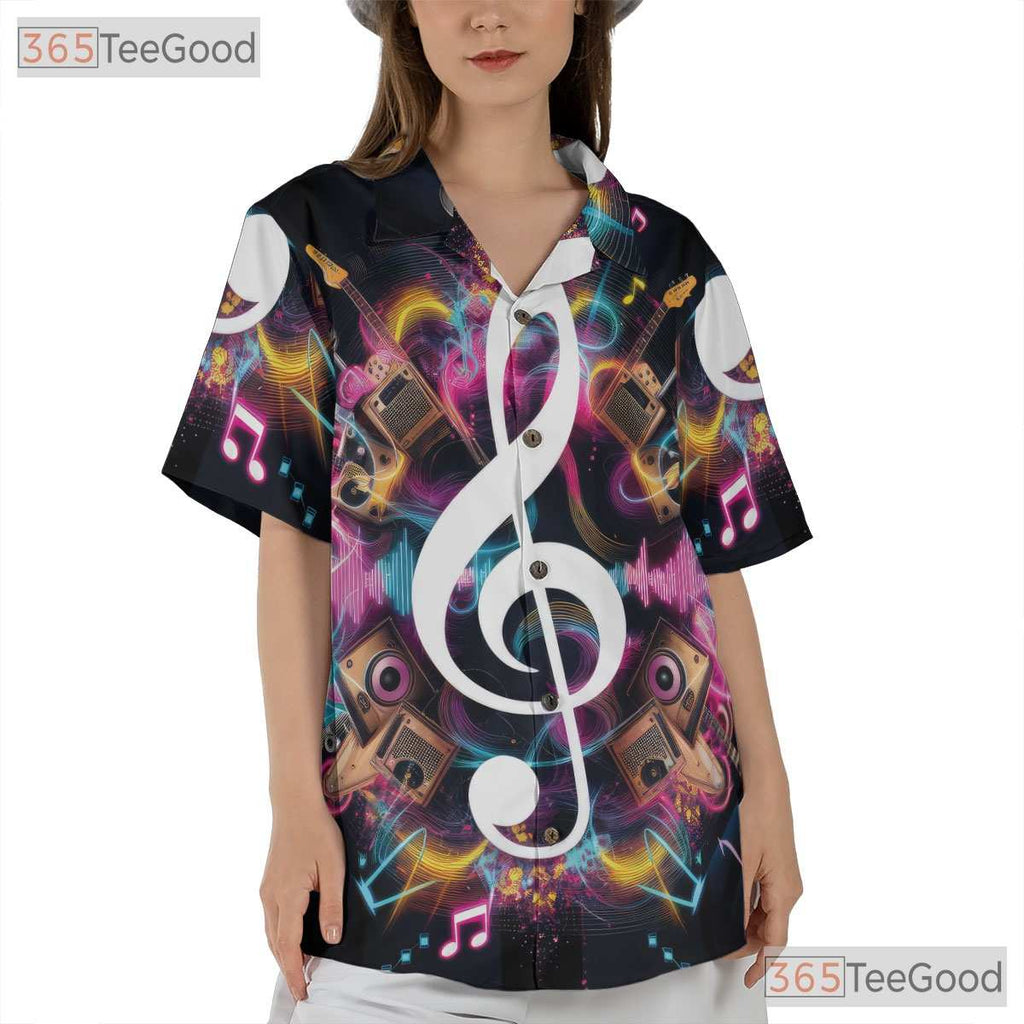 Neon Treble Clef Music DJ Guitar Microphone Aloha Band Hawaiian Shirt Unisex