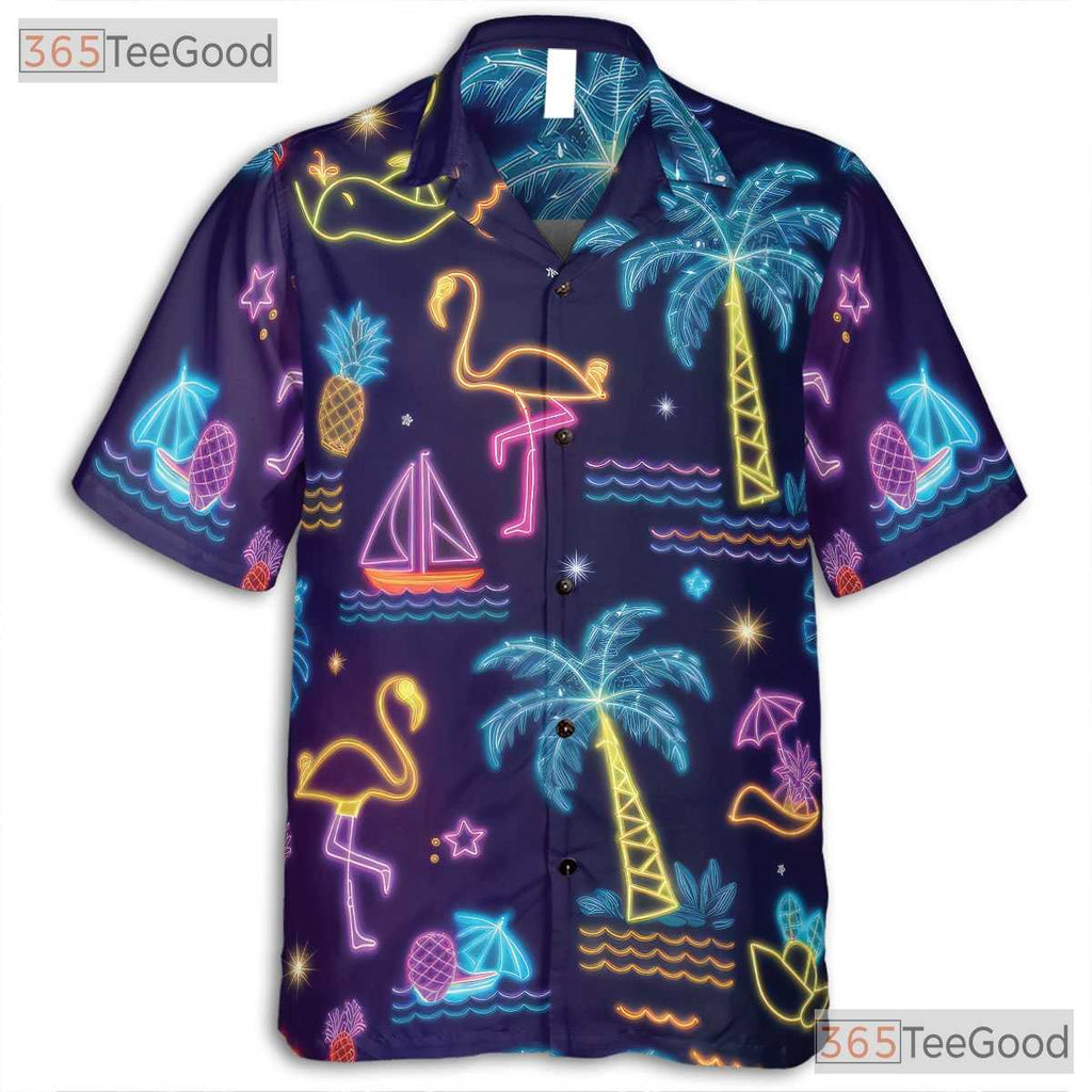 Neon Tropical Retro Flamingo Aloha Hawaiian Tee Unisex Summer Beach Party Top