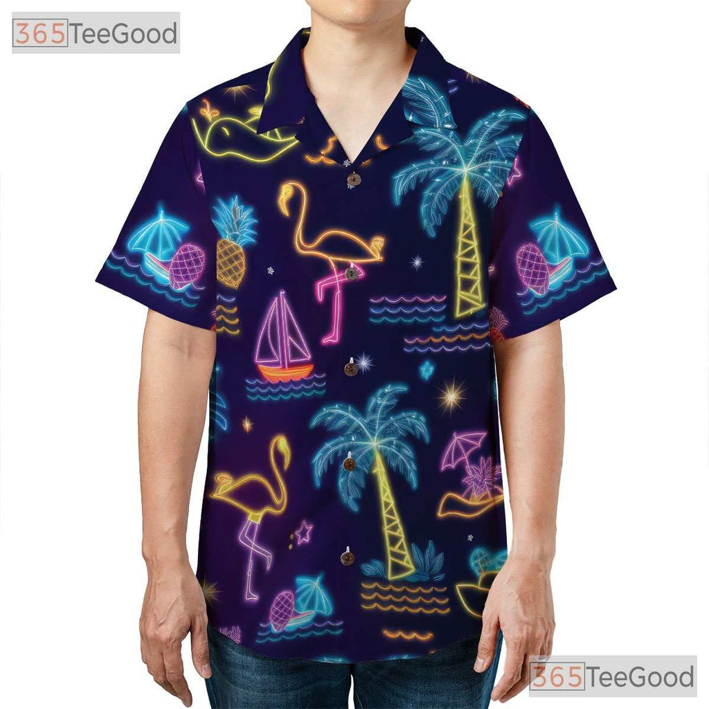 Neon Tropical Retro Flamingo Aloha Hawaiian Tee Unisex Summer Beach Party Top