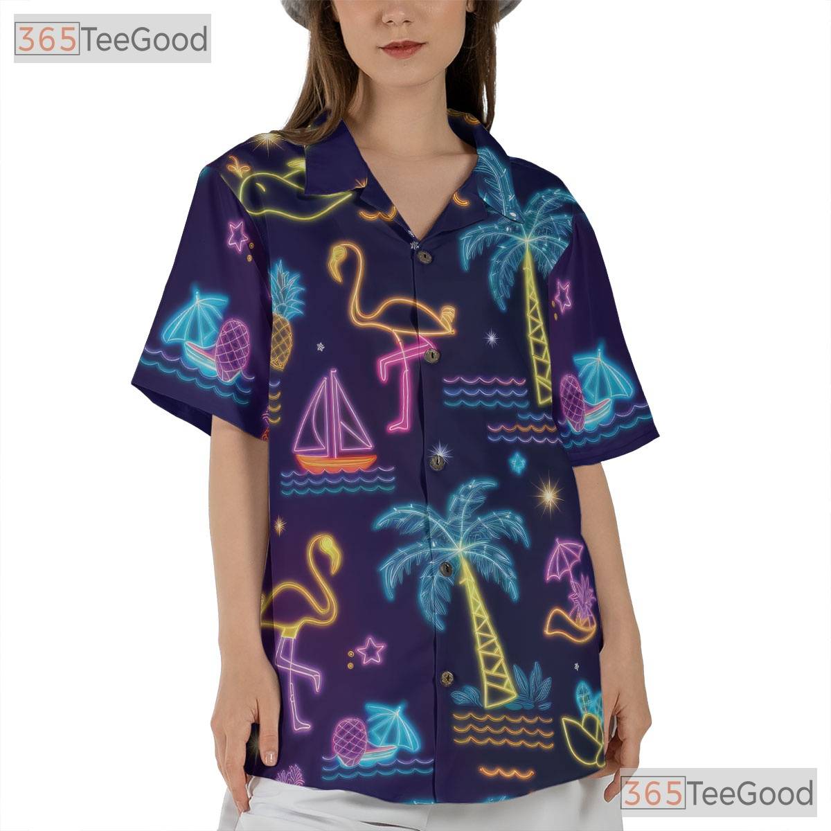 Neon Tropical Retro Flamingo Aloha Hawaiian Tee Unisex Summer Beach Party Top