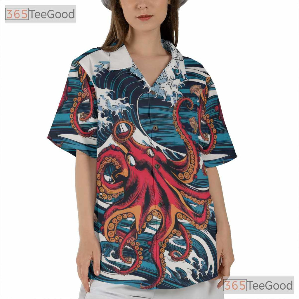 Octopus Ocean Wave Art Hawaiian Shirt Unisex Summer Beach Style Aloha Top