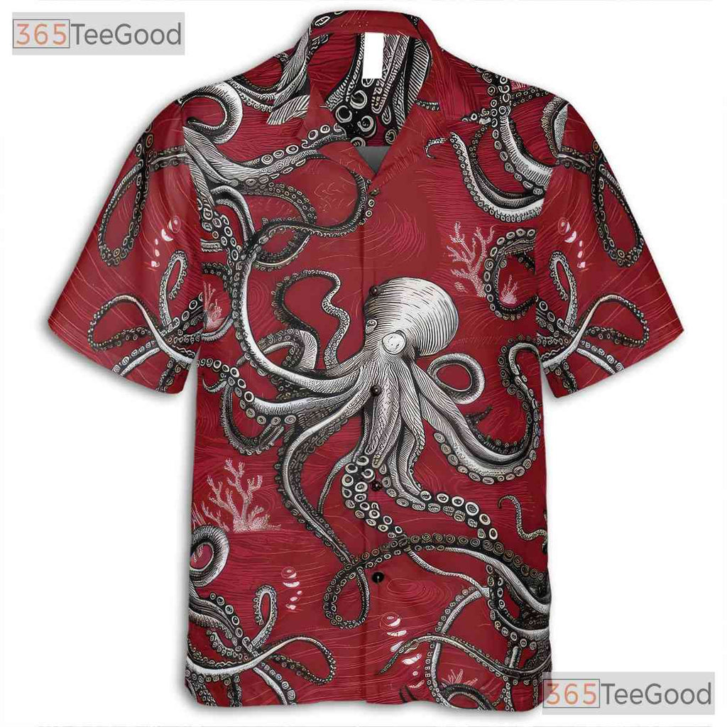 Octopus Tattoo Hawaiian Shirt Unisex, Red White Nautical Aloha Top