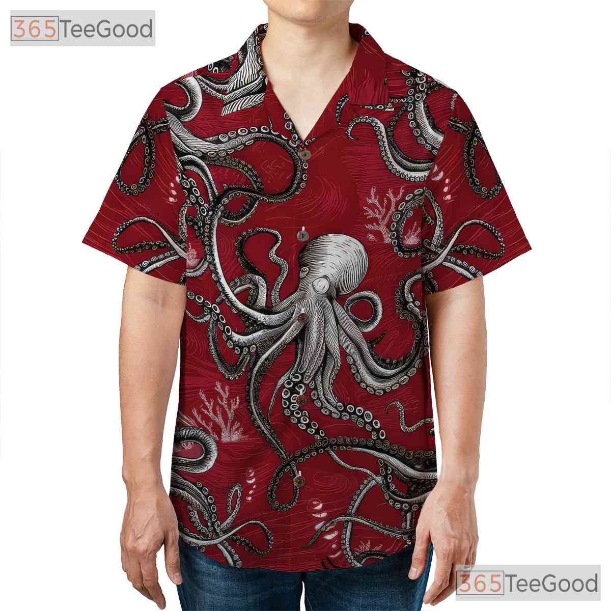 Octopus Tattoo Hawaiian Shirt Unisex, Red White Nautical Aloha Top
