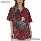 Octopus Tattoo Hawaiian Shirt Unisex, Red White Nautical Aloha Top