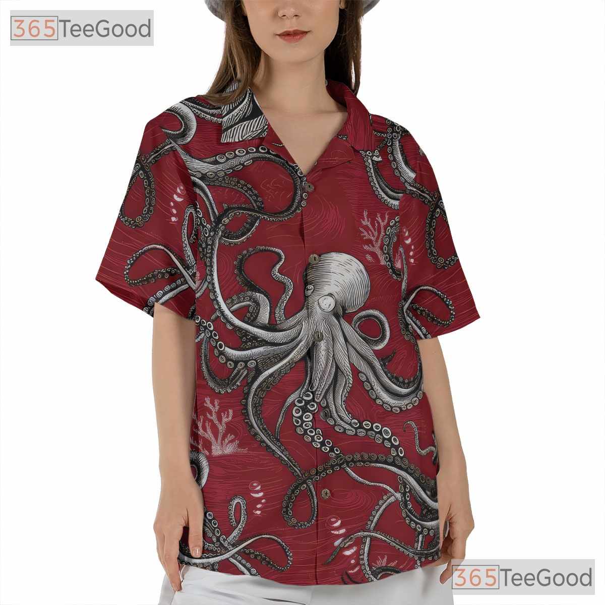 Octopus Tattoo Hawaiian Shirt Unisex, Red White Nautical Aloha Top