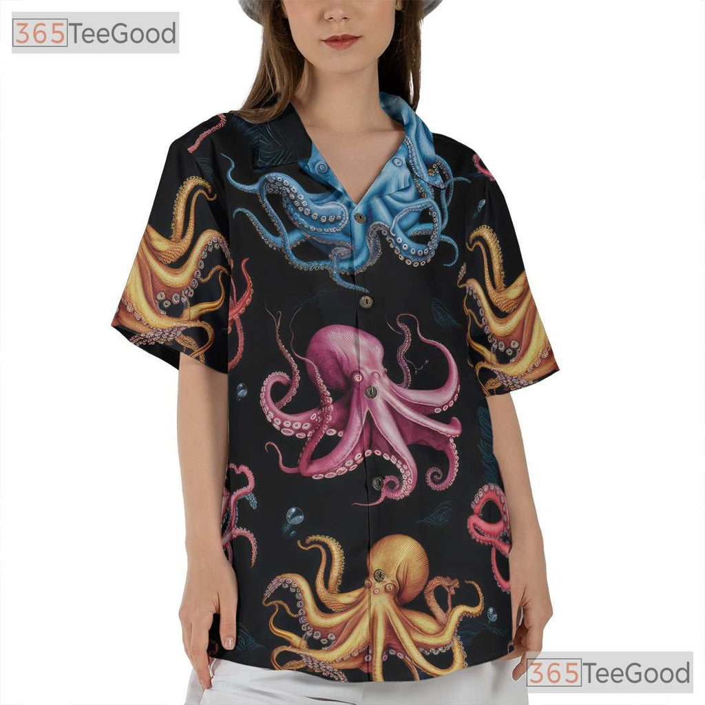 Octopus Vibrant Underwater Sea Life Seamless Pattern Hawaiian Shirt Unisex