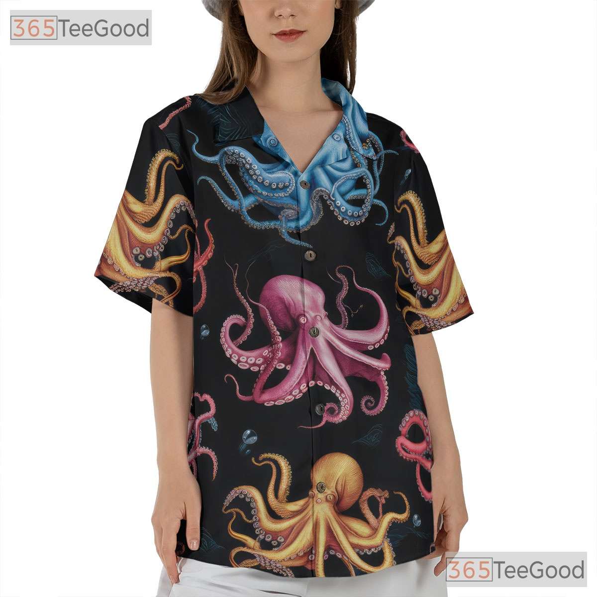 Octopus Vibrant Underwater Sea Life Seamless Pattern Hawaiian Shirt Unisex