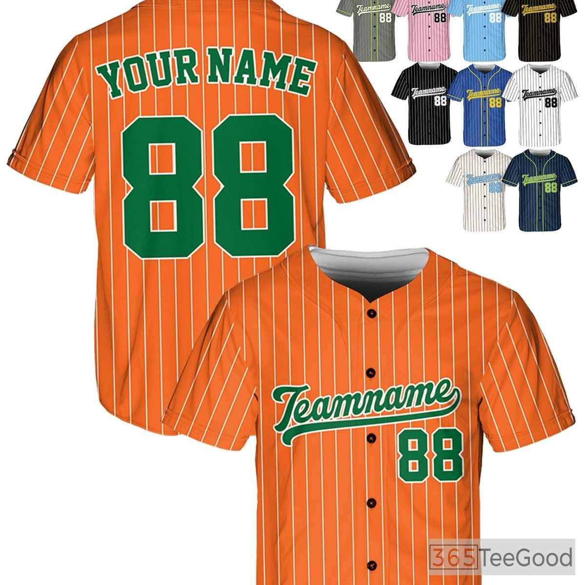 Orange and Green Baseball Jersey Tee - Add Your Personalized Name, Number, Logo