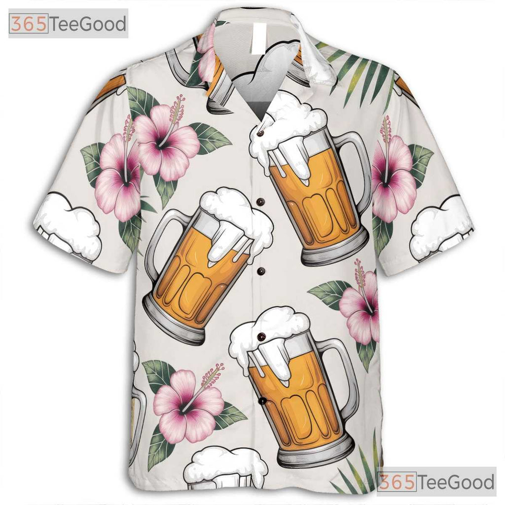 Palm Tree Beer Graphic Hawaiian Shirt- Unisex Tropical Aloha Party Beach Tee
