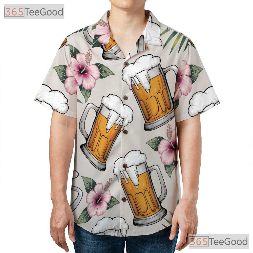 Palm Tree Beer Graphic Hawaiian Shirt- Unisex Tropical Aloha Party Beach Tee