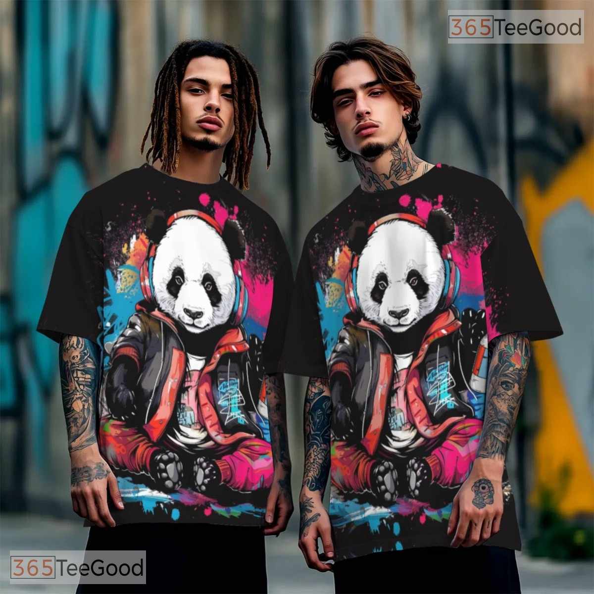 Cute Panda Graffiti Art 3D Pattern Printed Casual Short Sleeve Unisex Tee Shirts