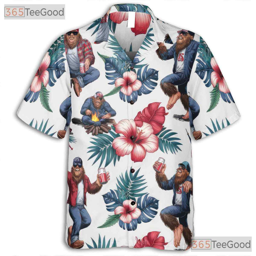 Patriotic Bigfoot Drinking Beer USA Flag Hawaiian Tee Unisex Summer Party Outfit