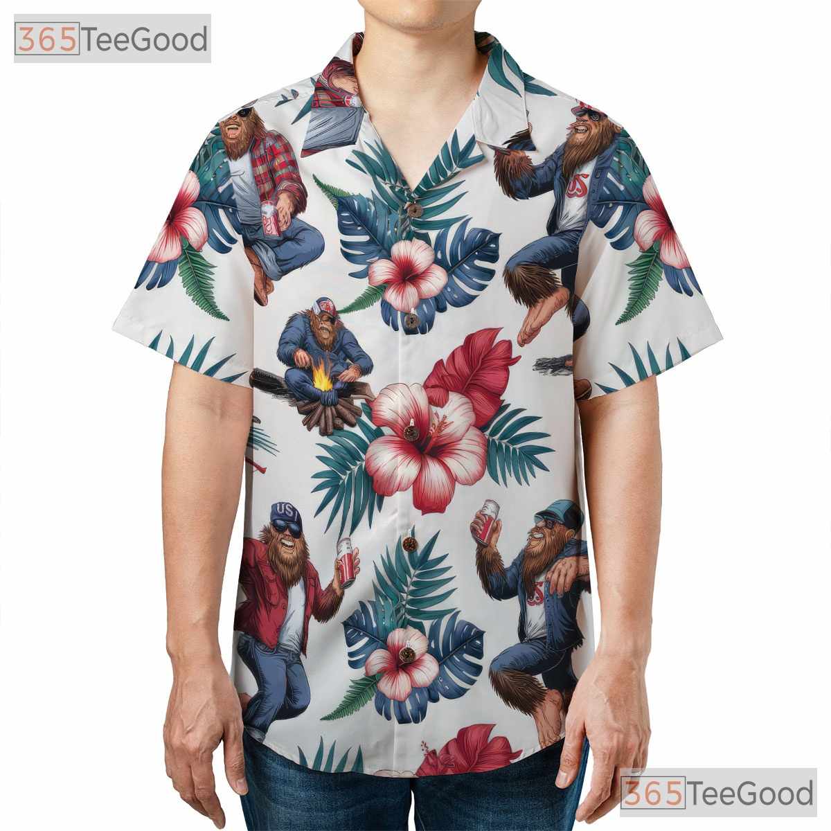 Patriotic Bigfoot Drinking Beer USA Flag Hawaiian Tee Unisex Summer Party Outfit