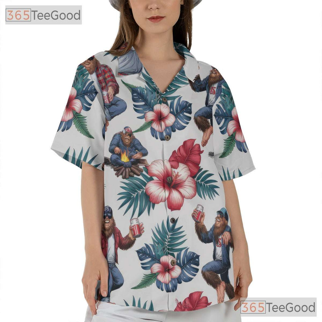 Patriotic Bigfoot Drinking Beer USA Flag Hawaiian Tee Unisex Summer Party Outfit