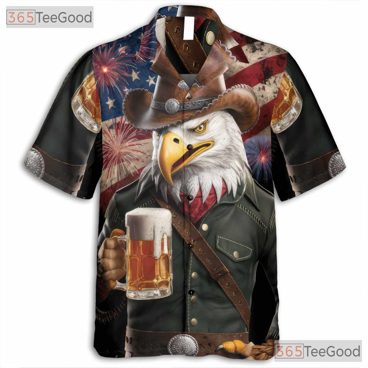 Patriotic Cowboy Flag Fireworks USA Eagle Hawaiian Shirt Unisex Summer Top