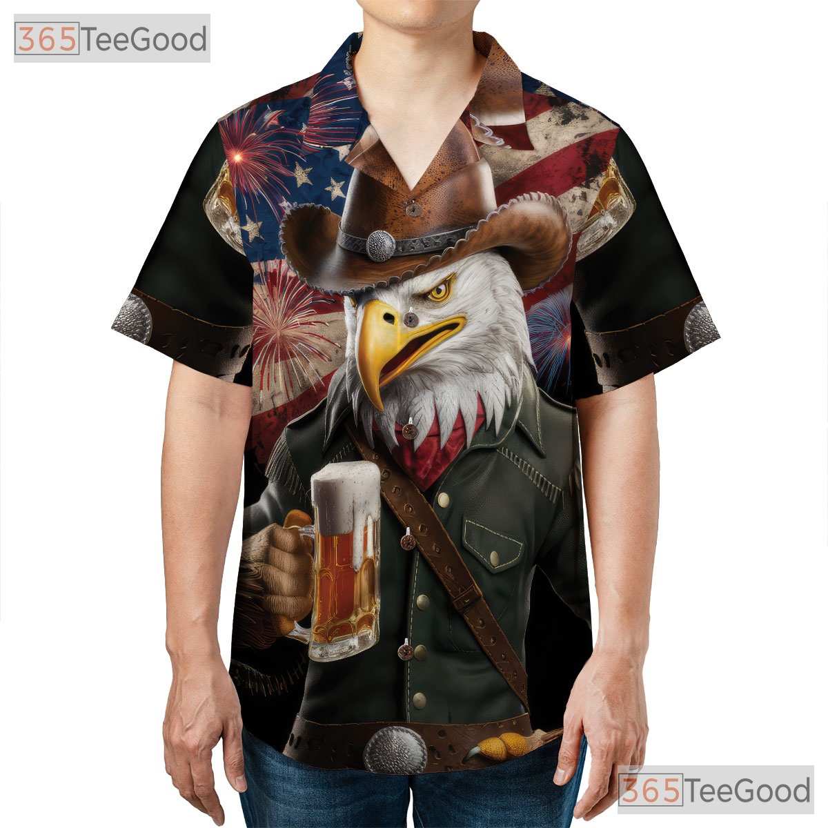 Patriotic Cowboy Flag Fireworks USA Eagle Hawaiian Shirt Unisex Summer Top