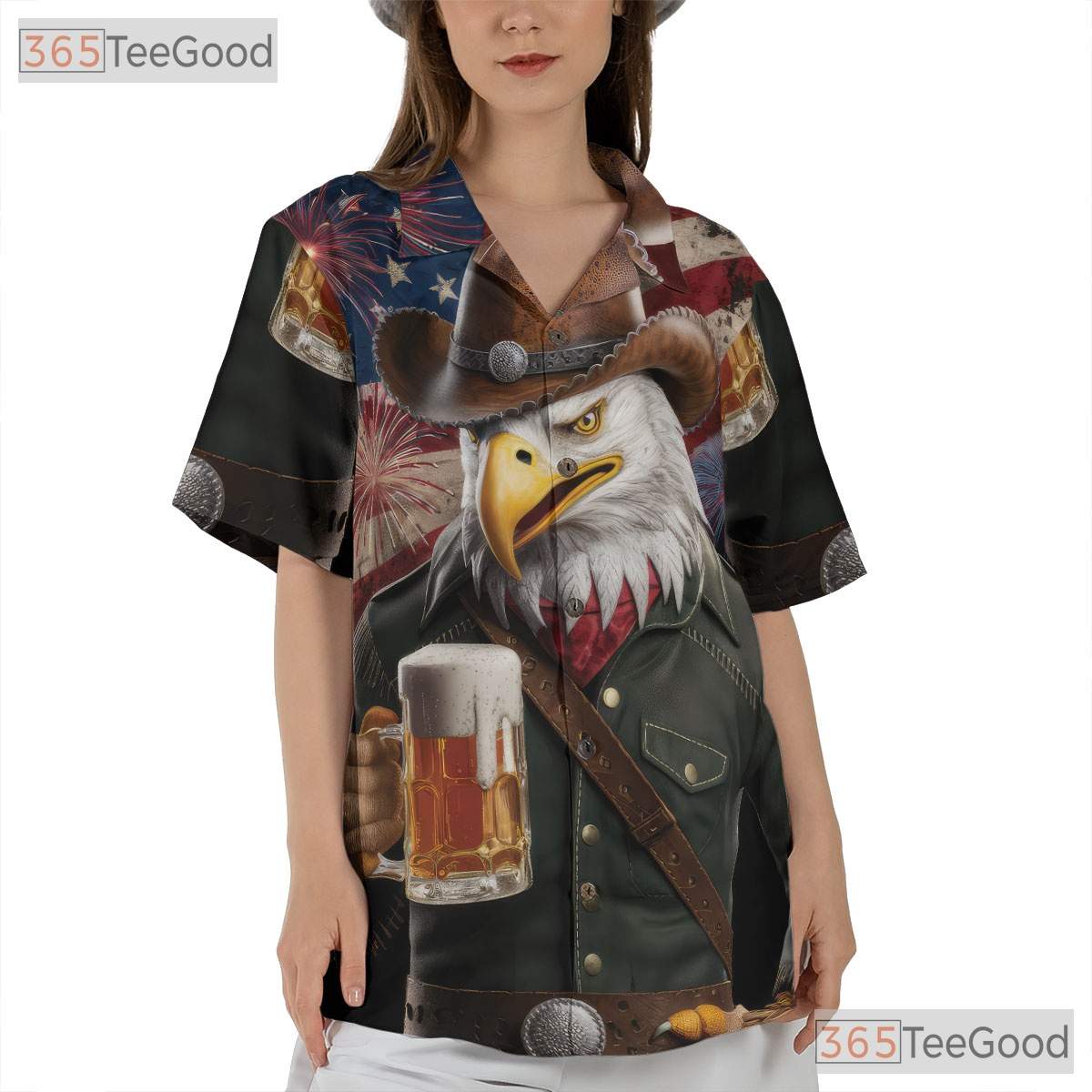 Patriotic Cowboy Flag Fireworks USA Eagle Hawaiian Shirt Unisex Summer Top