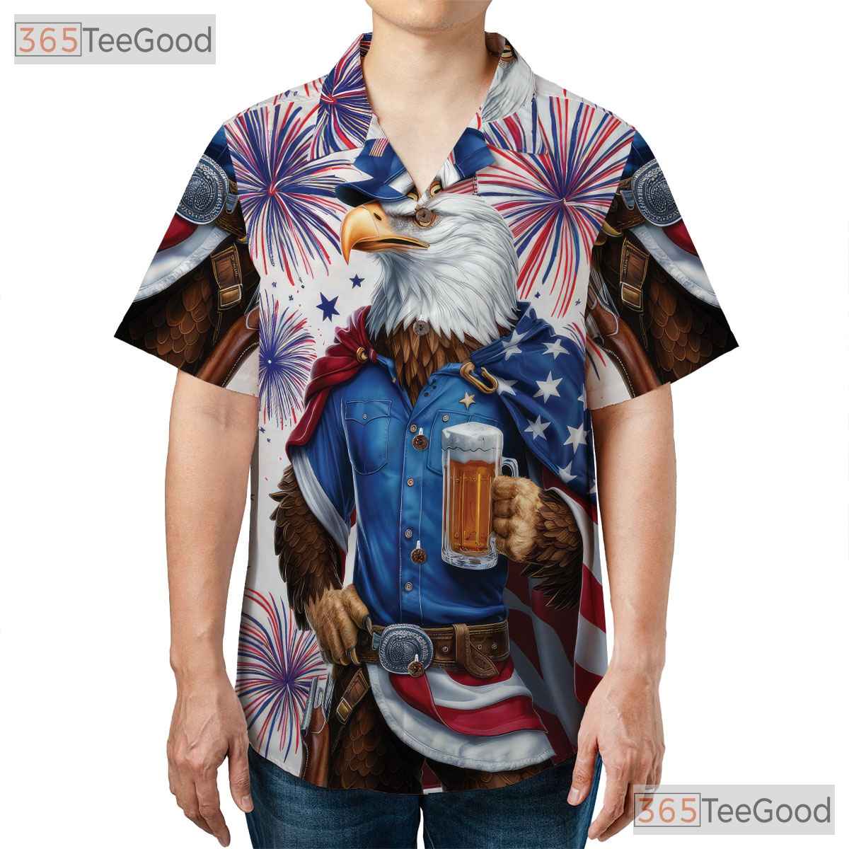 Patriotic Eagle American Flag Fireworks Hawaiian Shirt Unisex Party Outfit