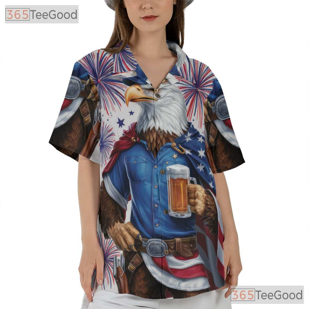 Patriotic Eagle American Flag Fireworks Hawaiian Shirt Unisex Party Outfit