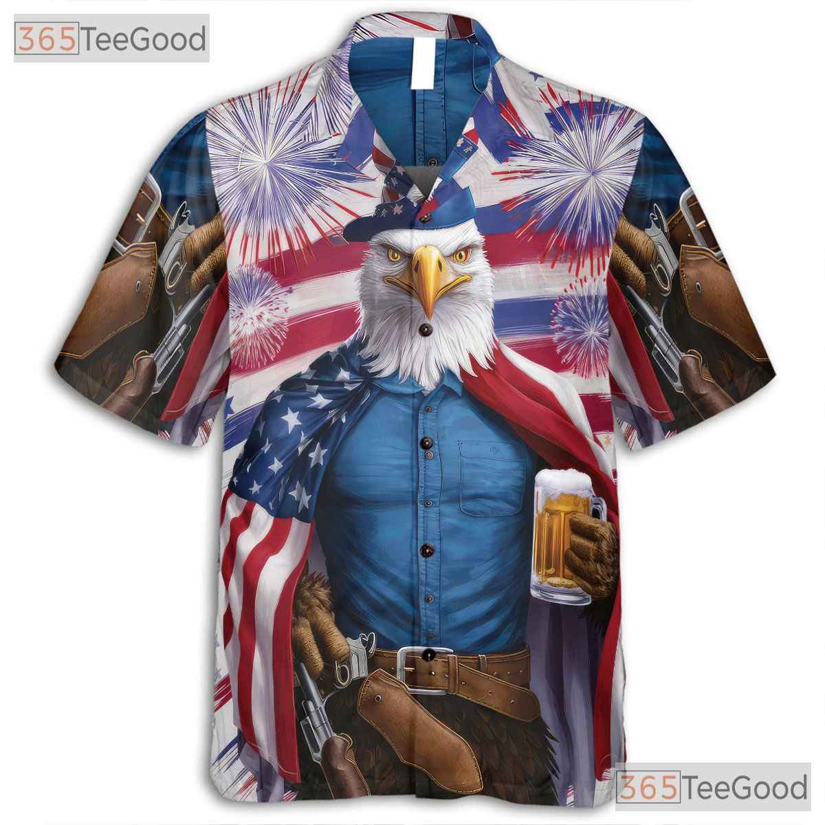 Patriotic Flag Beer Mug Fireworks USA Eagle Hawaiian Tee Unisex Party Outfit