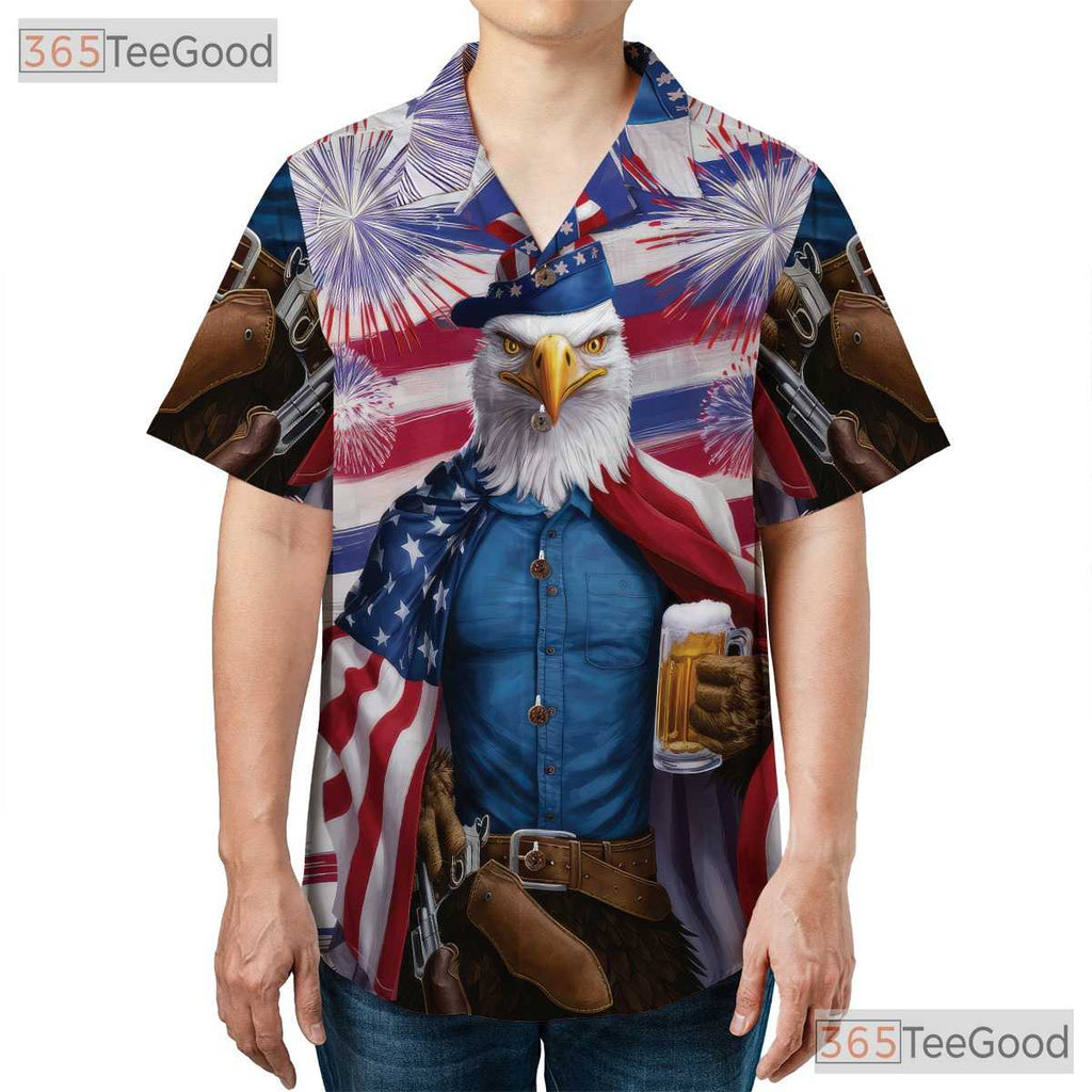Patriotic Flag Beer Mug Fireworks USA Eagle Hawaiian Tee Unisex Party Outfit