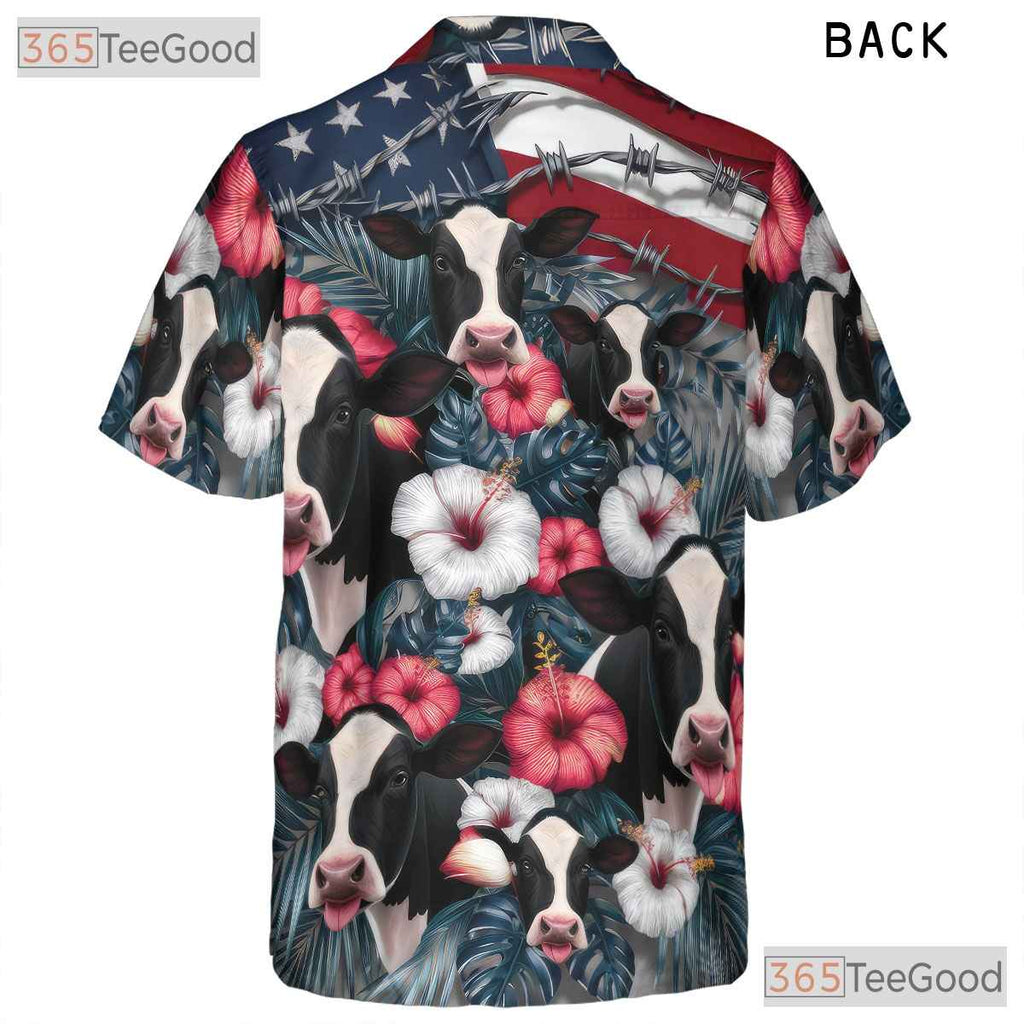 Patriotic Red White Blue Floral USA Cow Hawaiian Tee Unisex Summer Party Outfit
