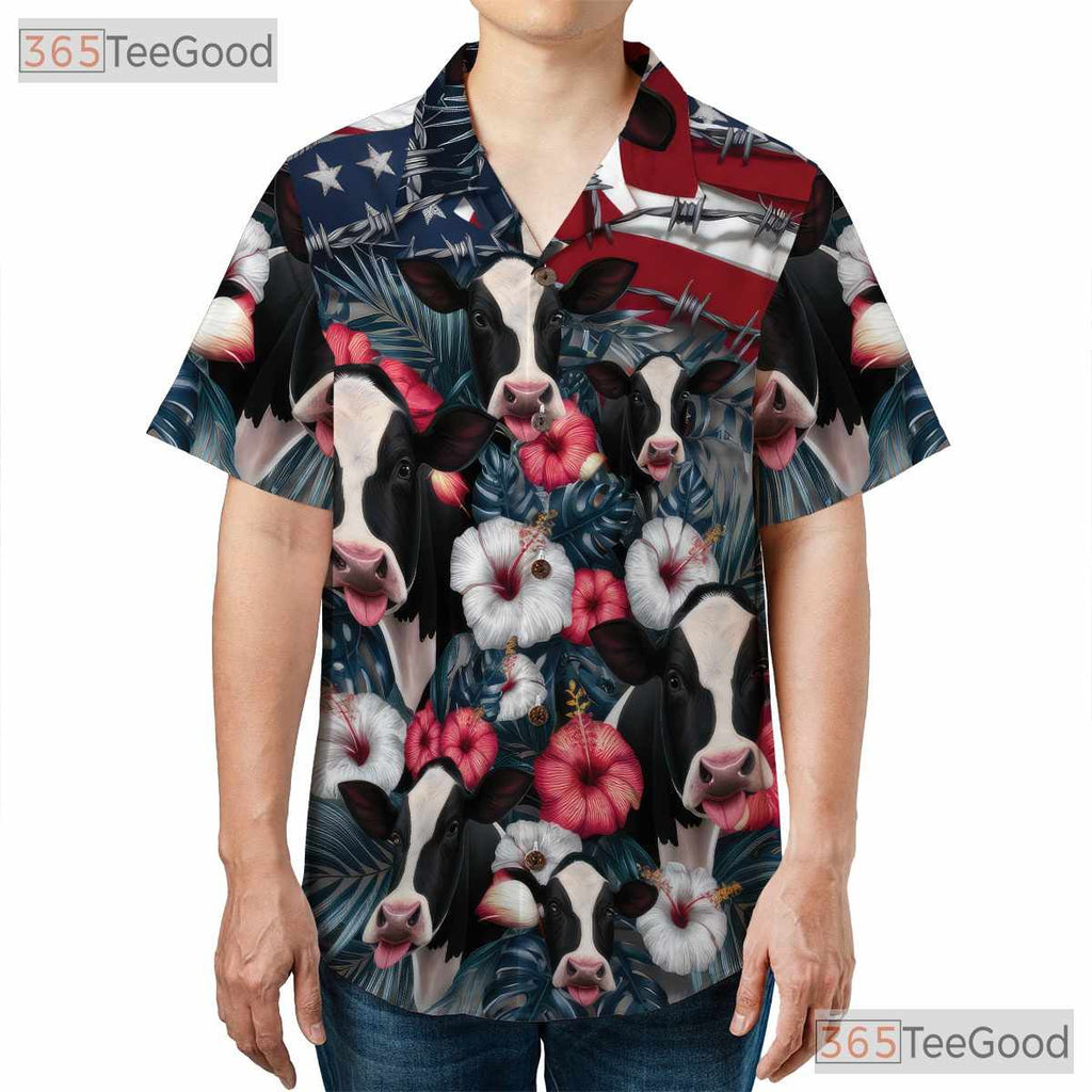 Patriotic Red White Blue Floral USA Cow Hawaiian Tee Unisex Summer Party Outfit